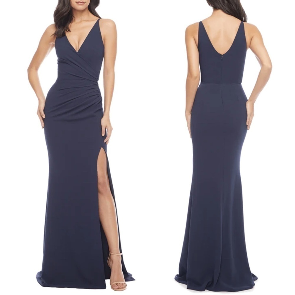 NEW Dress the Population Jordan Faux Wrap Ruched Side Front Slit Gown in Navy